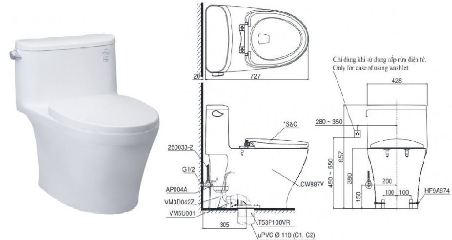 kích thước bồn cầu 1 khối toto